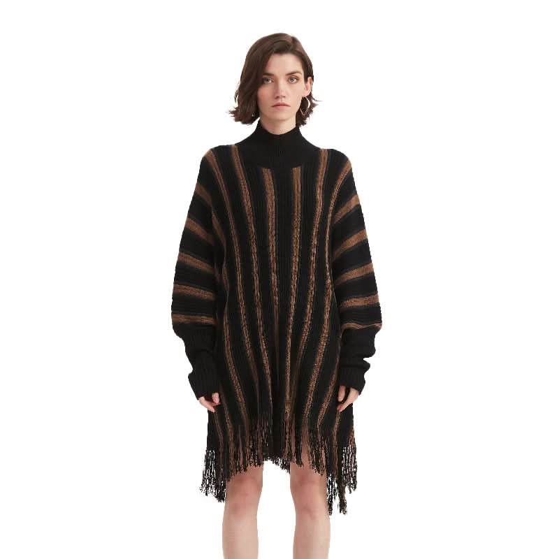 Striped Tassel Batwing Sleeve Sweater Dress - BENTA Crochet