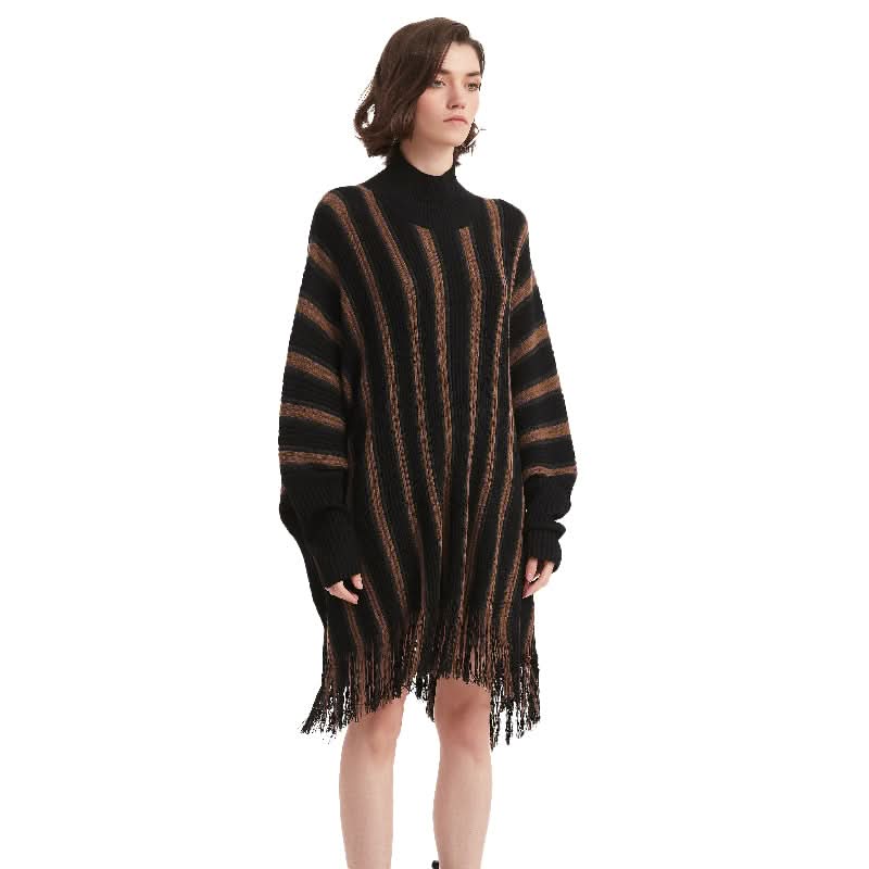 Striped Tassel Batwing Sleeve Sweater Dress - BENTA Crochet