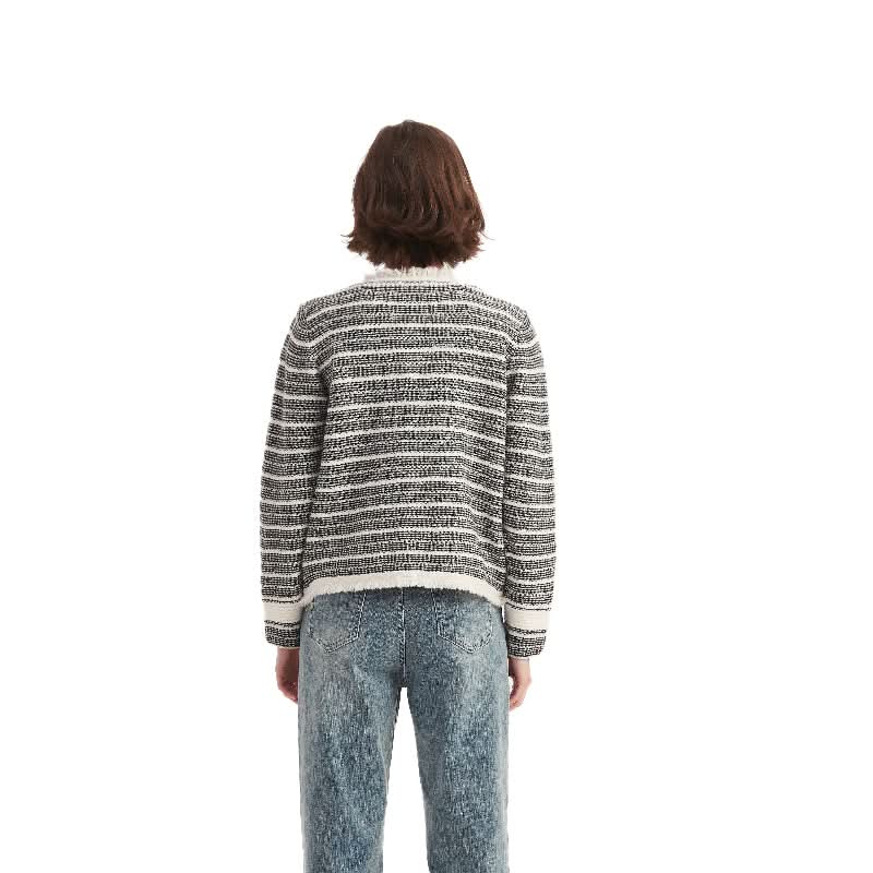 Striped Tweed Crewneck Cardigan Sweater - BENTA Crochet