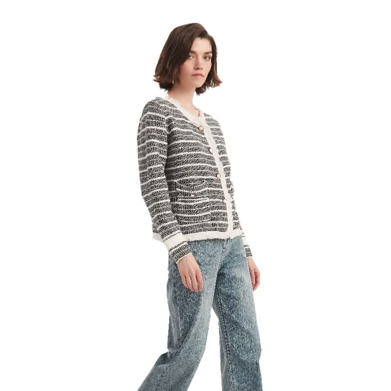 Striped Tweed Crewneck Cardigan Sweater - BENTA Crochet
