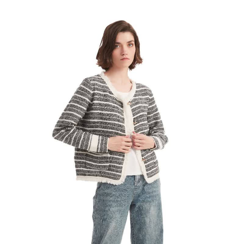 Striped Tweed Crewneck Cardigan Sweater - BENTA Crochet