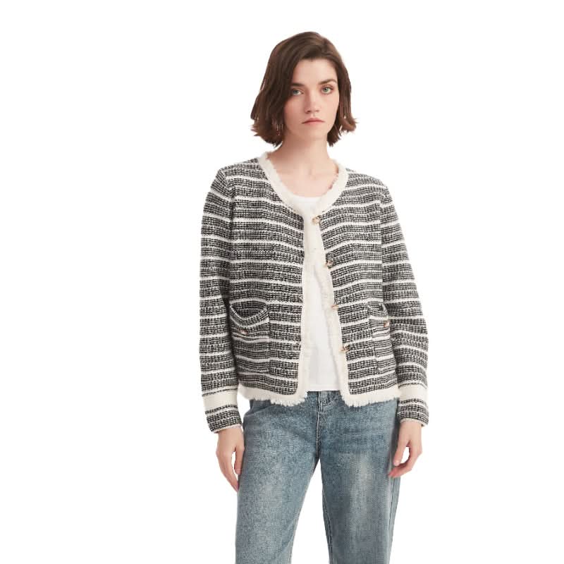 Striped Tweed Crewneck Cardigan Sweater - BENTA Crochet