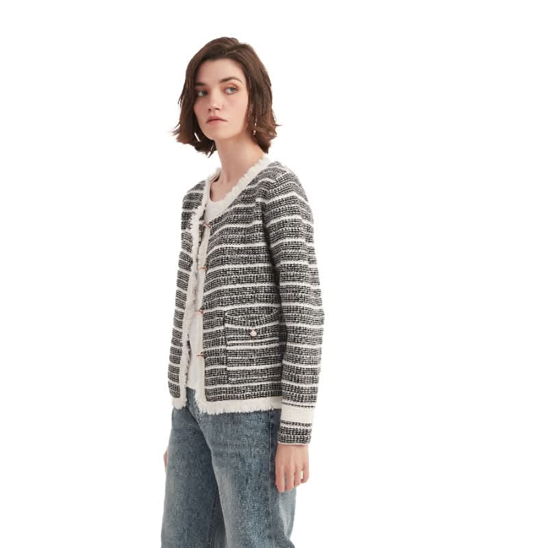 Striped Tweed Crewneck Cardigan Sweater - BENTA Crochet