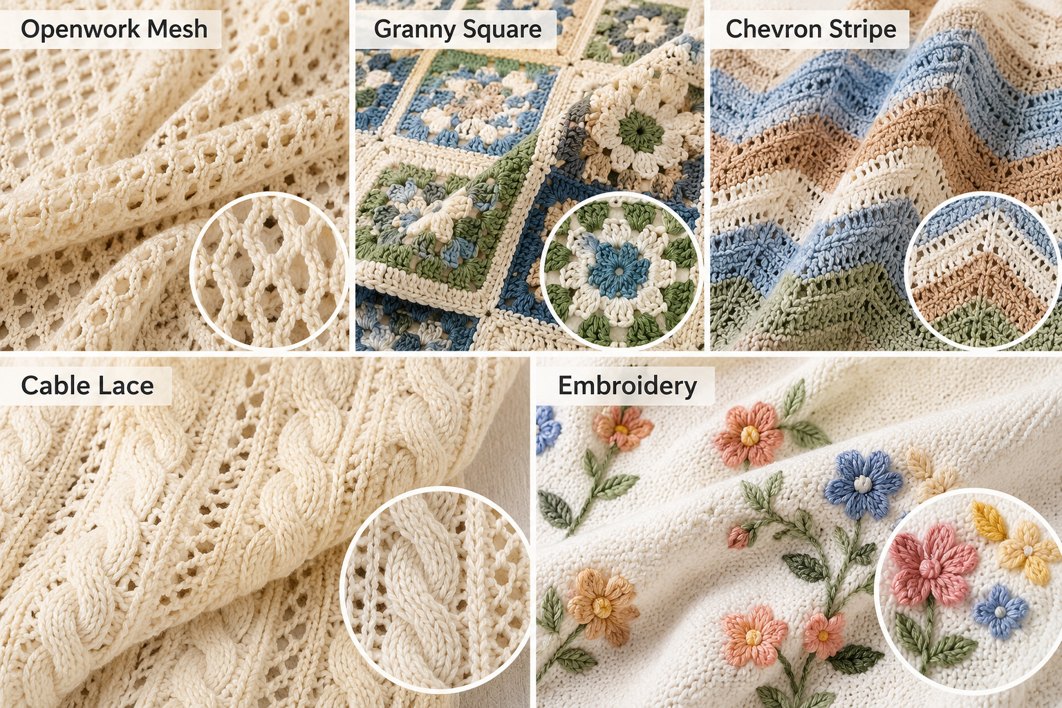 Collage of various crochet patterns including Openwork Mesh, Granny Square, Chevron Stripe, Cable Lace, and Embroidery.